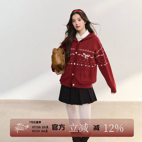 蝴蝶结连帽红色毛衣开衫外套