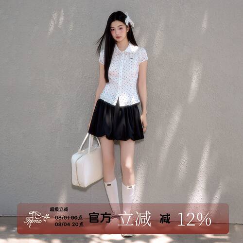 FPMZ白色波点娃娃领花边短袖衬衫夏复古修身韩系简约百搭T恤上衣