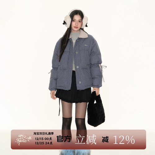 FPMZ撞色翻领小蓝格子90白鸭绒羽绒服袖子抽绳蝴蝶结绑带棉服外套