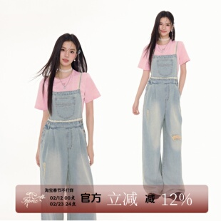 FPMZ 蝴蝶结/蕾丝水洗复古牛仔背带裤