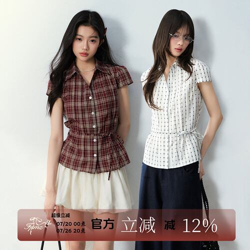 FPMZ韩系波点修身V领短袖衬衫