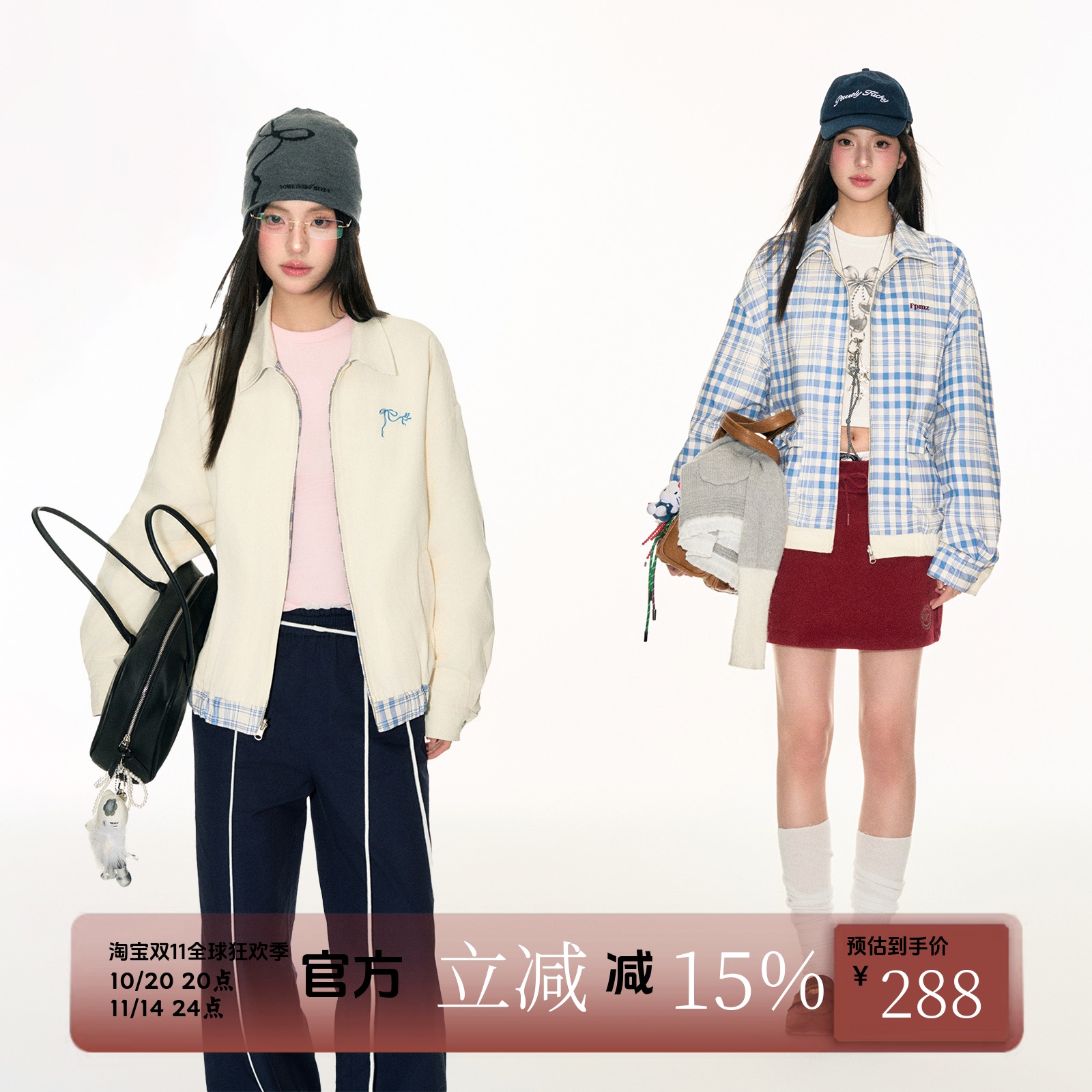 FPMZ双面穿蓝格子工装夹克外套蝴蝶结口袋学院风长袖上衣百搭宽松