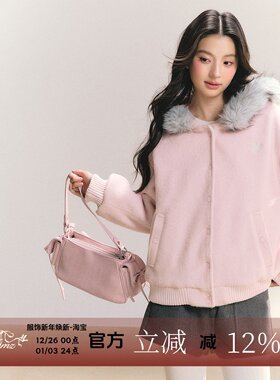 FPMZ联名ANDN【粉桃倾呢】连帽大毛领夹棉毛呢子外套冬女棒球服