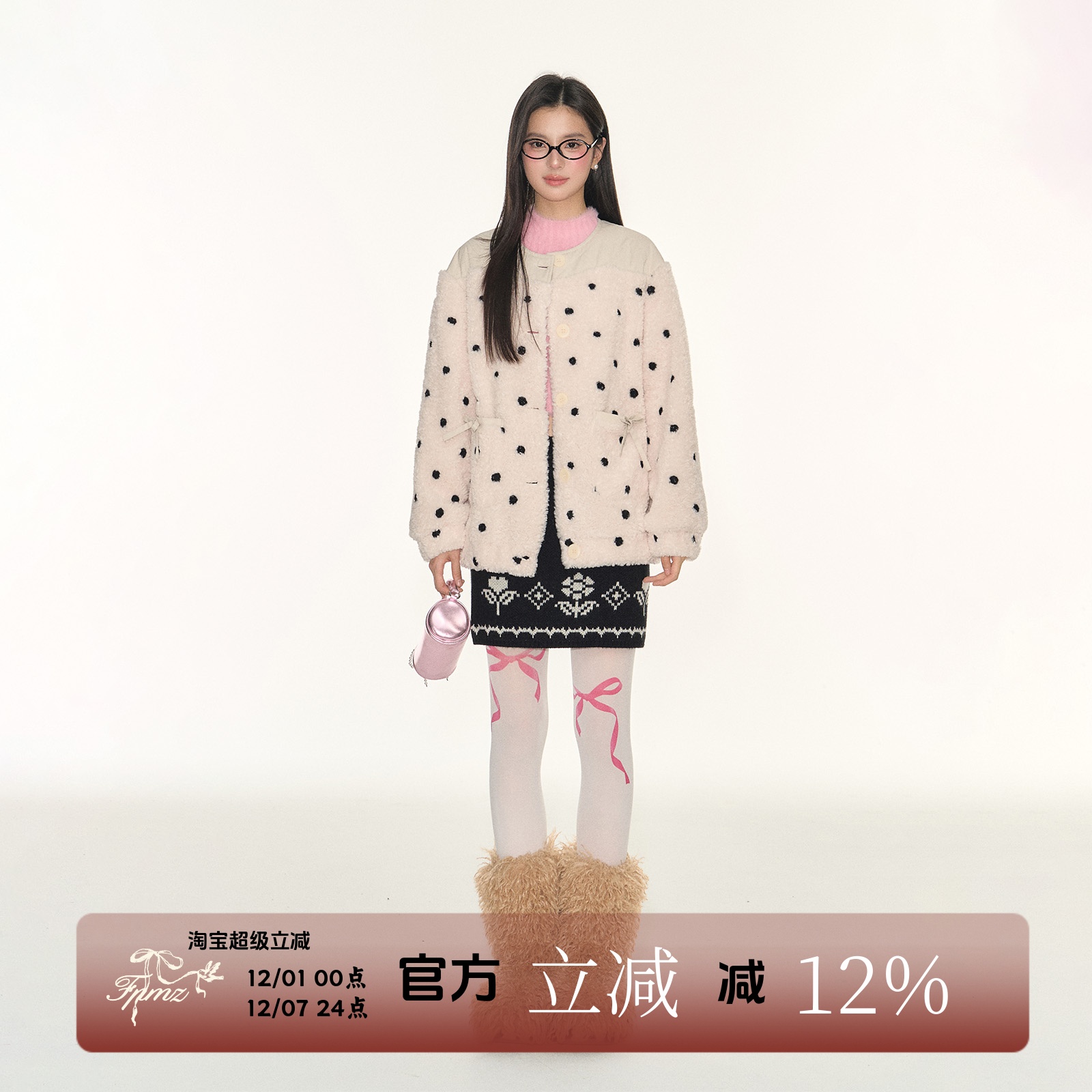 FPMZ复古黑白波点拼接羊羔毛外套蝴蝶结口袋甜美圆领上衣宽松学院