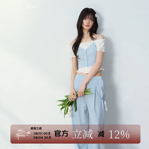 FPMZ小蓝格子一字肩蕾丝套装