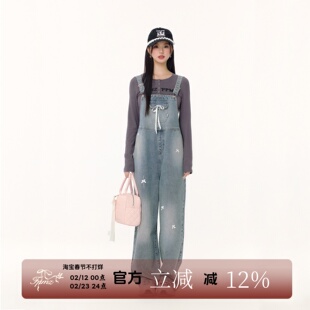 FPMZ蝴蝶结蕾丝织带烫钻水洗牛仔复古背带裤连体休闲裤芭蕾风长裤