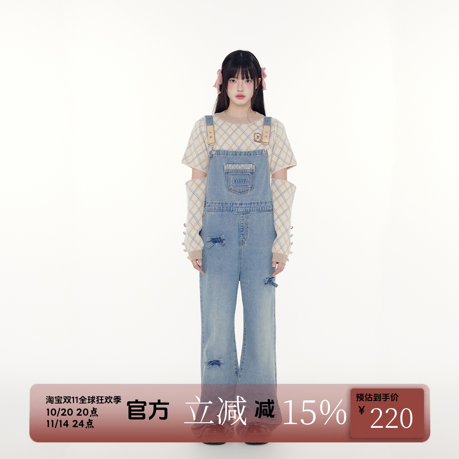 背带裤长裤水洗牛仔立体蝴蝶结