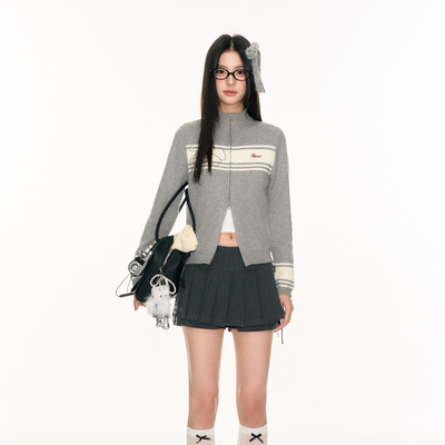 FPMZ学院风撞色条纹蝴蝶结刺绣小高领拉链开衫外套针织衫毛衣薄款