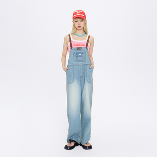 休闲裤 FPMZ棕色皮扣航线水洗牛仔复古背带裤 男女长裤