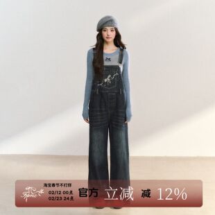 FPMZ蝴蝶结烫钻大口袋背带裤水洗复古做旧秋冬宽松显瘦长裤连体裤