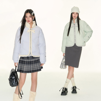 FPMZ充棉蝴蝶结拉链撞色立领棉服基础韩系学院风面包服外套上衣