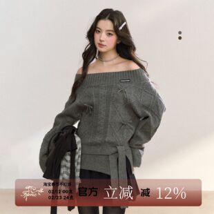 FPMZ一字肩蝴蝶结麻花纹开衩毛衣绑带露肩针织衫秋冬显瘦慵懒上衣