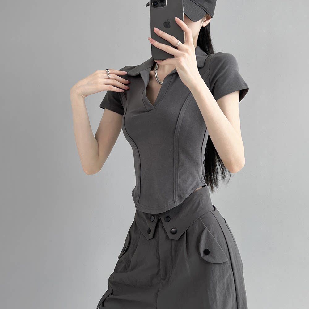 2026夏季新款欧美辣妹风正肩短袖T恤女Polo翻领收腰鱼骨显瘦上衣