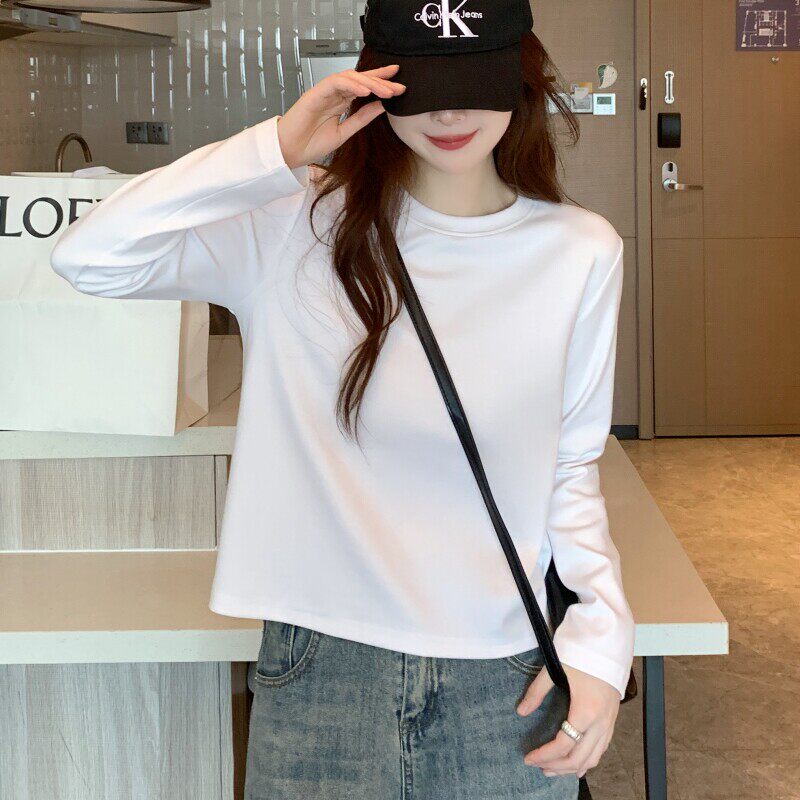 小个子短款长袖上衣春秋基础宽松叠穿打底衫女2026新款正肩白T恤