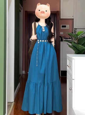 蓝色挂脖吊带连衣裙女夏多巴胺三亚云南旅游穿搭海边度假沙滩长裙