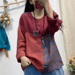 民族风复古撞色贴布打底拼接麻料圆领长袖衬衫女包扣套头上衣春装