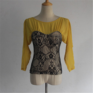 春秋新款收腰圆领修身中袖蕾丝雪纺衫上衣女打底带胸垫套头小衫特