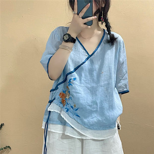 夏季新款麻料斜襟盘扣衬衣刺绣V领复古衬衫女民族风薄款半袖小衫