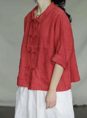 亚麻盘扣开衫短外套女夏季新宽松休闲复古文艺纯色上衣中式茶服秋