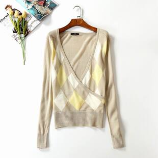 外贸春装新款性感气质深V领交叉不规则下摆针织衫打底衫长袖T恤女