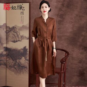 欧式红云纱真丝连衣裙长款2026春季新款气质优雅系带时尚年轻女装