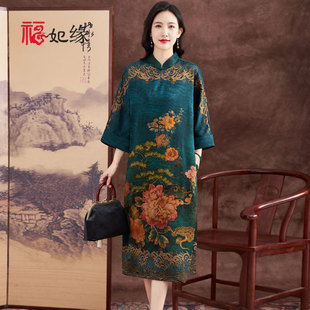 重緞印花香云紗桑蠶絲連衣裙真絲女裝 新款 寬松連肩袖 媽媽裙 春季