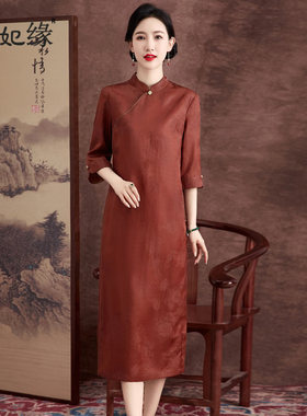 品牌红云纱桑蚕丝连衣裙改良旗袍长款妈妈装春夏新款气质优雅裙