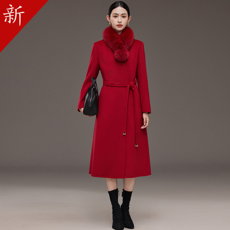 高端绵羊毛双面呢狐狸毛领大衣长款外套时尚大牌贵妇人婚礼妈妈装