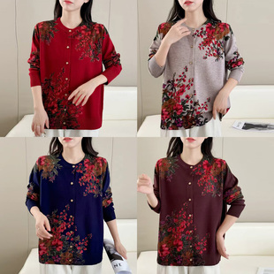 高端品牌纯羊毛衫女秋冬新款针织衫宽松开衫毛衣外套中老年妈妈装