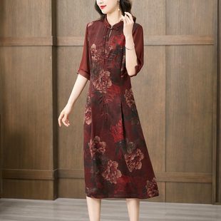 断码花萝香云纱真丝连衣裙桑蚕丝长款气质妈妈装夏季连衣裙