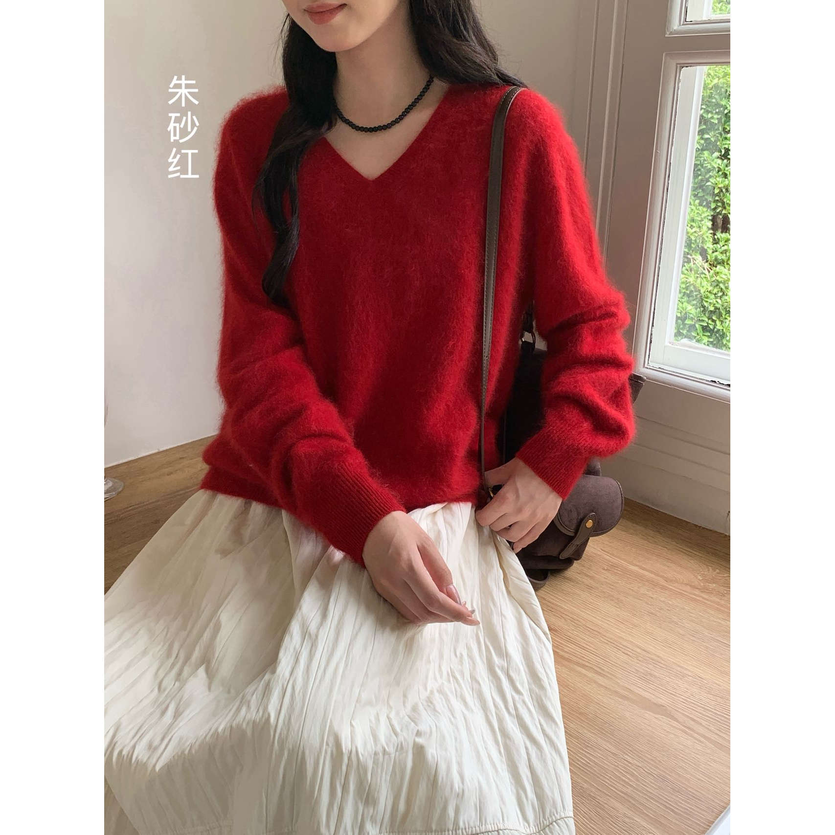 拉毛工艺小皮草针织衫女款V领羊绒打底套头内搭上衣毛衣秋冬装
