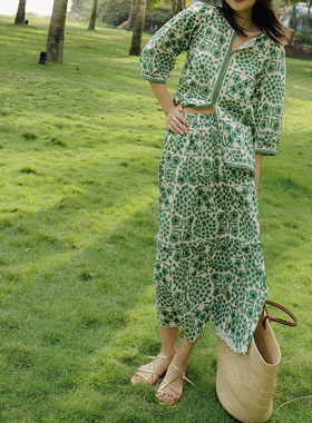 NW80EN 棉麻抽象花木耳边松紧腰半裙绿沉优雅度假风长裙女