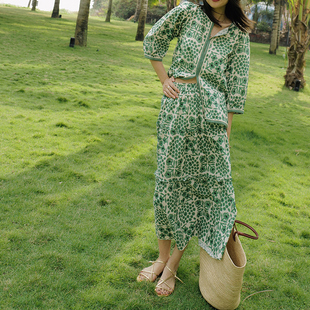 NW80EN 棉麻抽象花木耳边松紧腰半裙绿沉优雅度假风长裙半身裙女