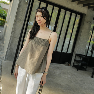 休闲风设计感时尚简约植物手工炒色桑蚕丝棉纯色吊带背心叠搭外穿