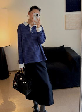 NW80EN《KOSELIG》纯棉条纹长袖polo衫女t恤气质设计感的上衣女装