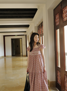 NW80EN荷叶袖红色小碎花棉气质甜美气质女无袖连时尚宽松衣长裙夏