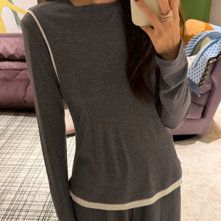 NW8 0EN 《小憩》假两件撞色针织打底天丝圆领长袖气质百搭上衣女