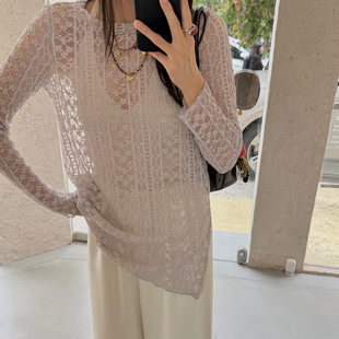 《Hygge》复古风休闲时髦宽松蕾丝镂空花修身型中长款长袖T恤女装