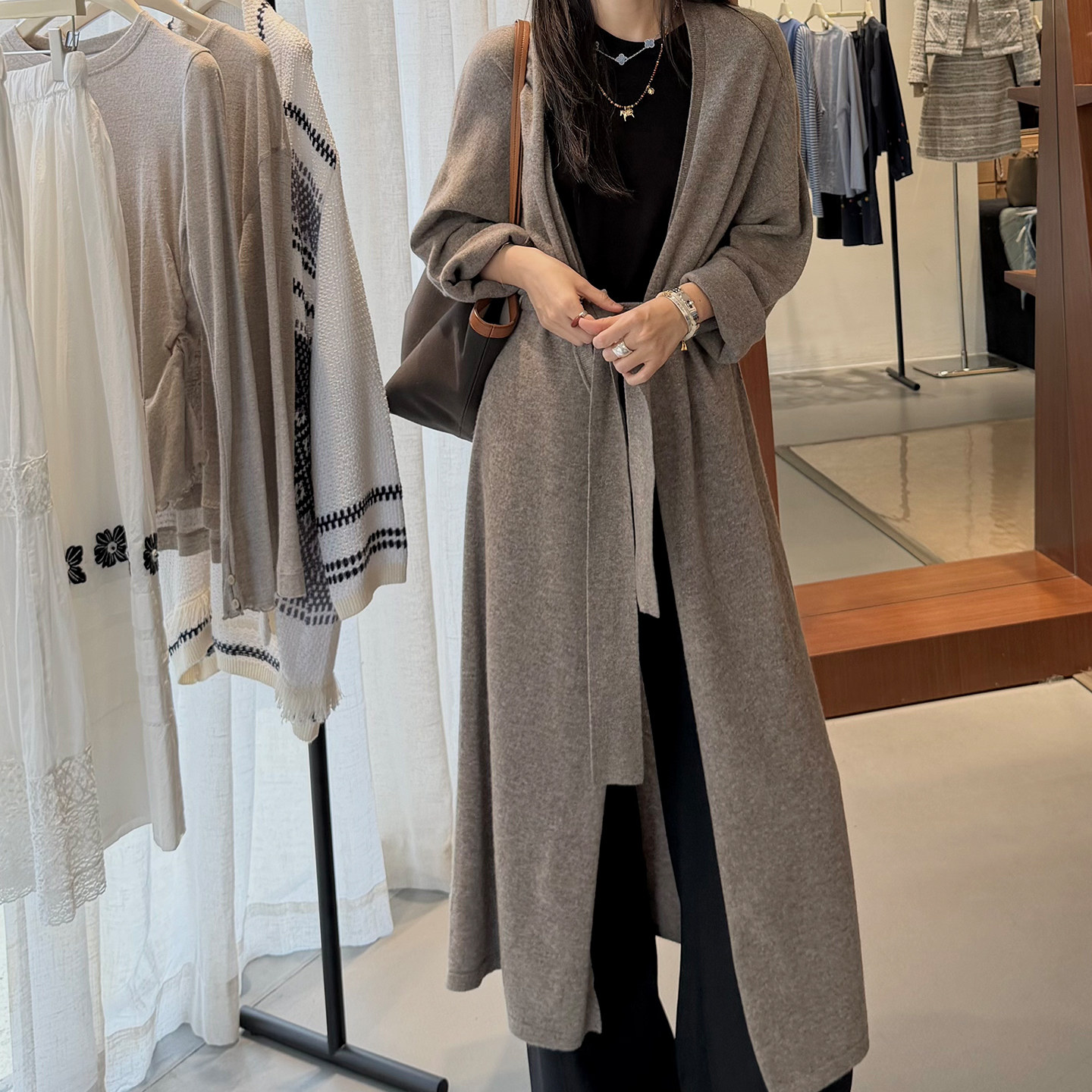 定制纱线超柔洗水牦牛绒长款针织浴袍款毛衣外套简约气质百搭通勤