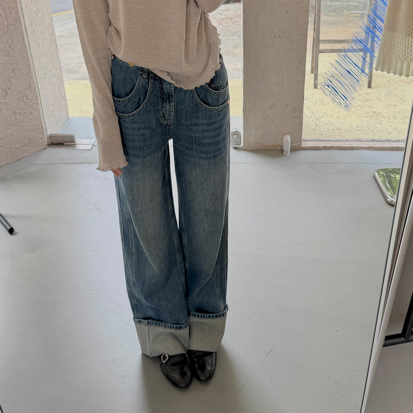 复古风休闲款简约百搭四季通用卷边设计脚口翻边直筒型阔腿牛仔裤,女装/女士精品,牛仔裤,淘宝优惠券,粉丝福利购,淘宝优惠卷