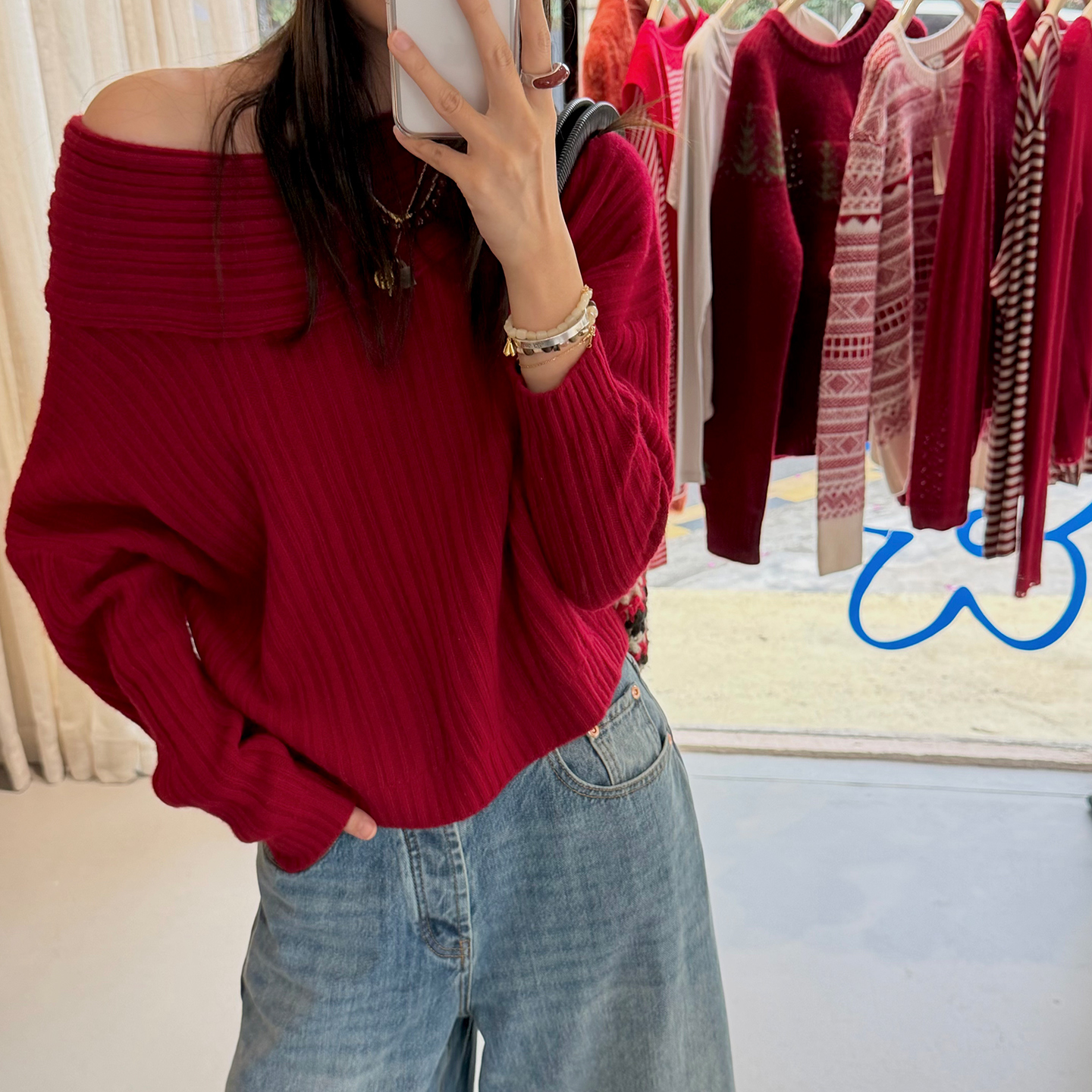 设计师原创一字领羊毛毛衣