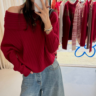 NW8 0EN《Hygge》一字领优雅风气质时尚纯羊毛竖纹针织百搭毛衣女