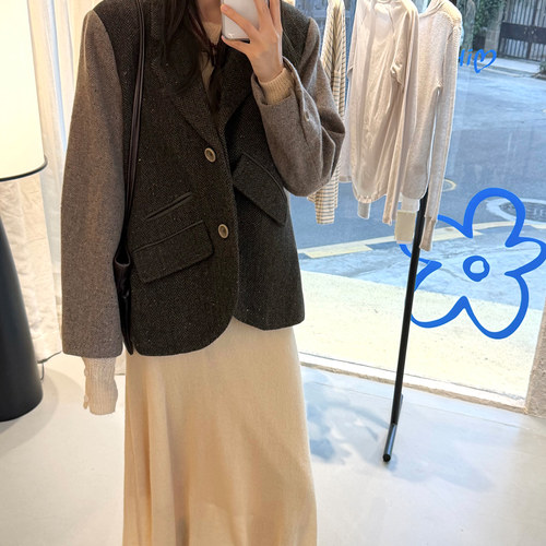 设计师原创人字呢拼色短款西装