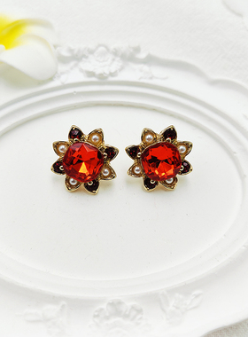 中古vintage复古宫廷风耳环百搭耳钉轻奢高级感红色耳饰【B852】