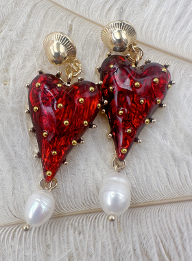 大款法式复古耳饰巴洛克珍珠红色爱心果冻琉璃耳环耳饰【C321】