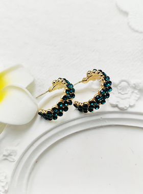 银针绿色宝石C形耳圈耳环女欧美时尚耳坠镶钻高级感耳饰【B795】