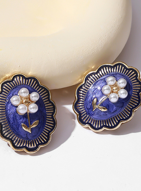 中国风简约大气耳环紫色珐琅滴油油画风耳饰花朵椭圆耳钉【B440】