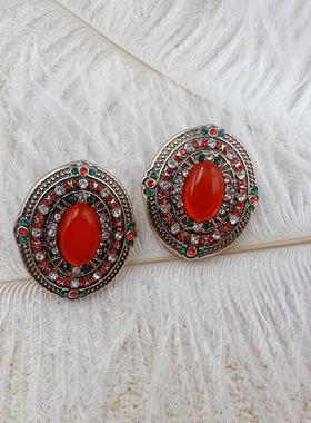 中古耳饰复古宫廷重工红色宝石耳钉中古高级感时尚耳夹【C245】