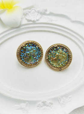 复古人鱼炫彩耳钉宫廷风渐变树脂耳坠图纹圆形无耳洞耳夹【B753】