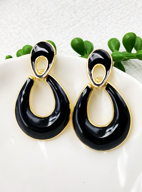 高级感文艺复古耳饰 黑色滴油优雅银针耳钉原创耳环耳夹【B925】